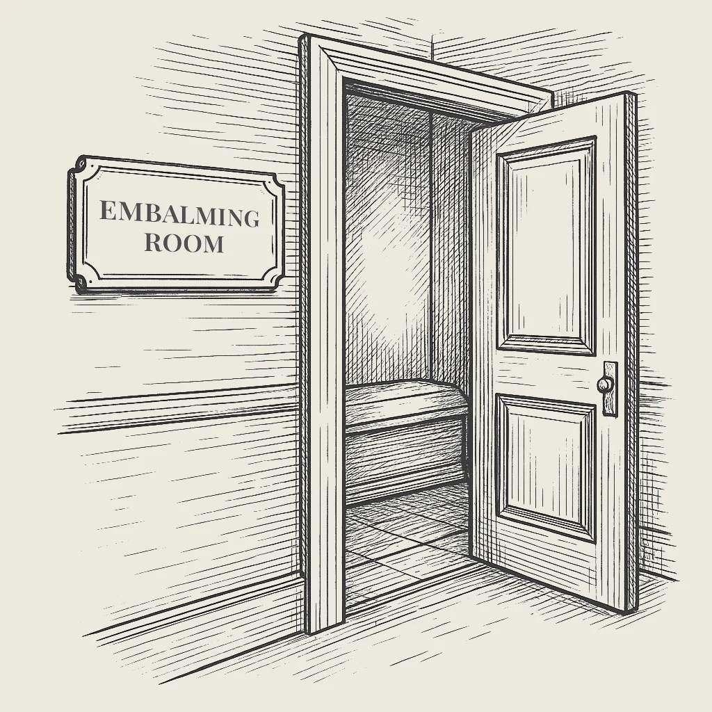 Open door to an embalming room with a sign on the wall